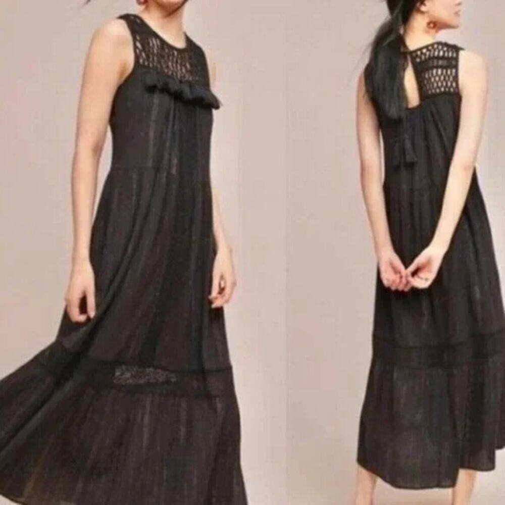 Anthropologie Maeve Abilene Dress Black Gold Shimmer Tassel Crochet Midi ALine S